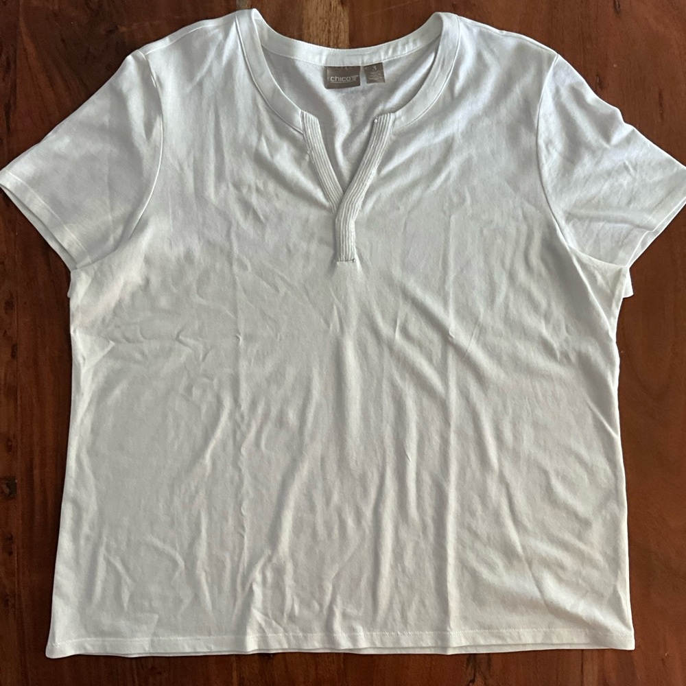 Chico's White, Sequin Trimmed, Notched Neck, Short Sleeve Tee